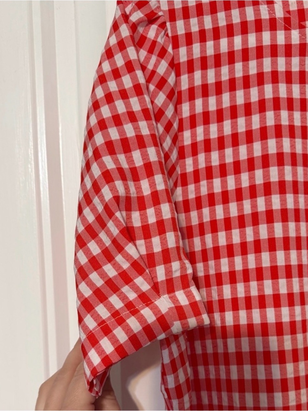 BiBi Red and White Gingham Short Sleeve Tiered Midi Dress with Sleeve Detail - Picture 5 of 5
